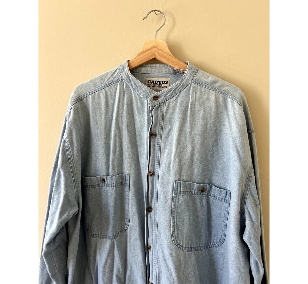Vintage 90s Light Wash Denim Jean Shirt Band Mandarin Grandad Collar Men XL